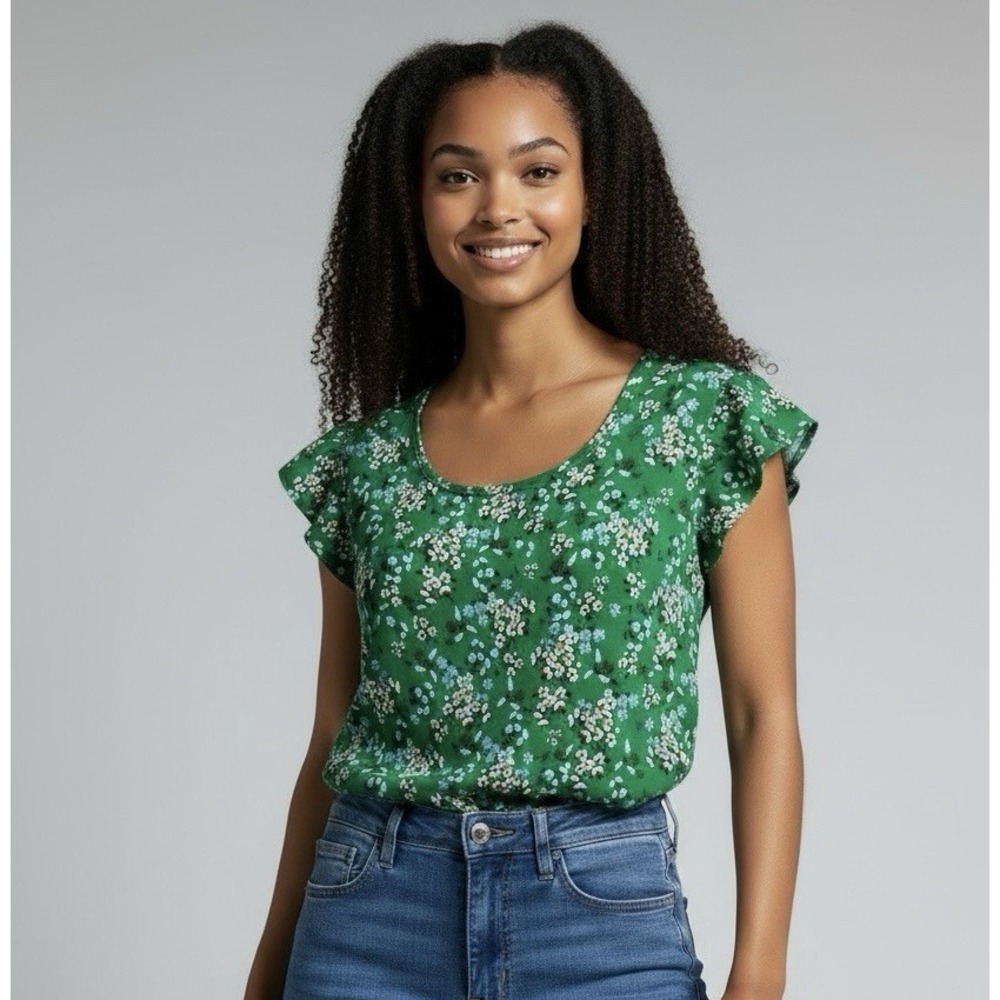 Loft Floral Blouse Womens XS Green Ruffle Sleeve Lightweight Peasant Top